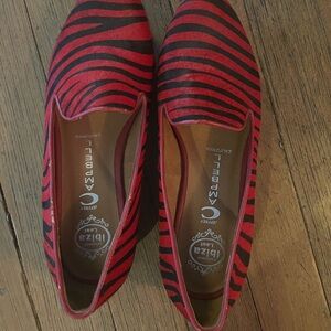 Jeffrey Campbell Red and Black Pony Hair Leather and Black Striped Loafers